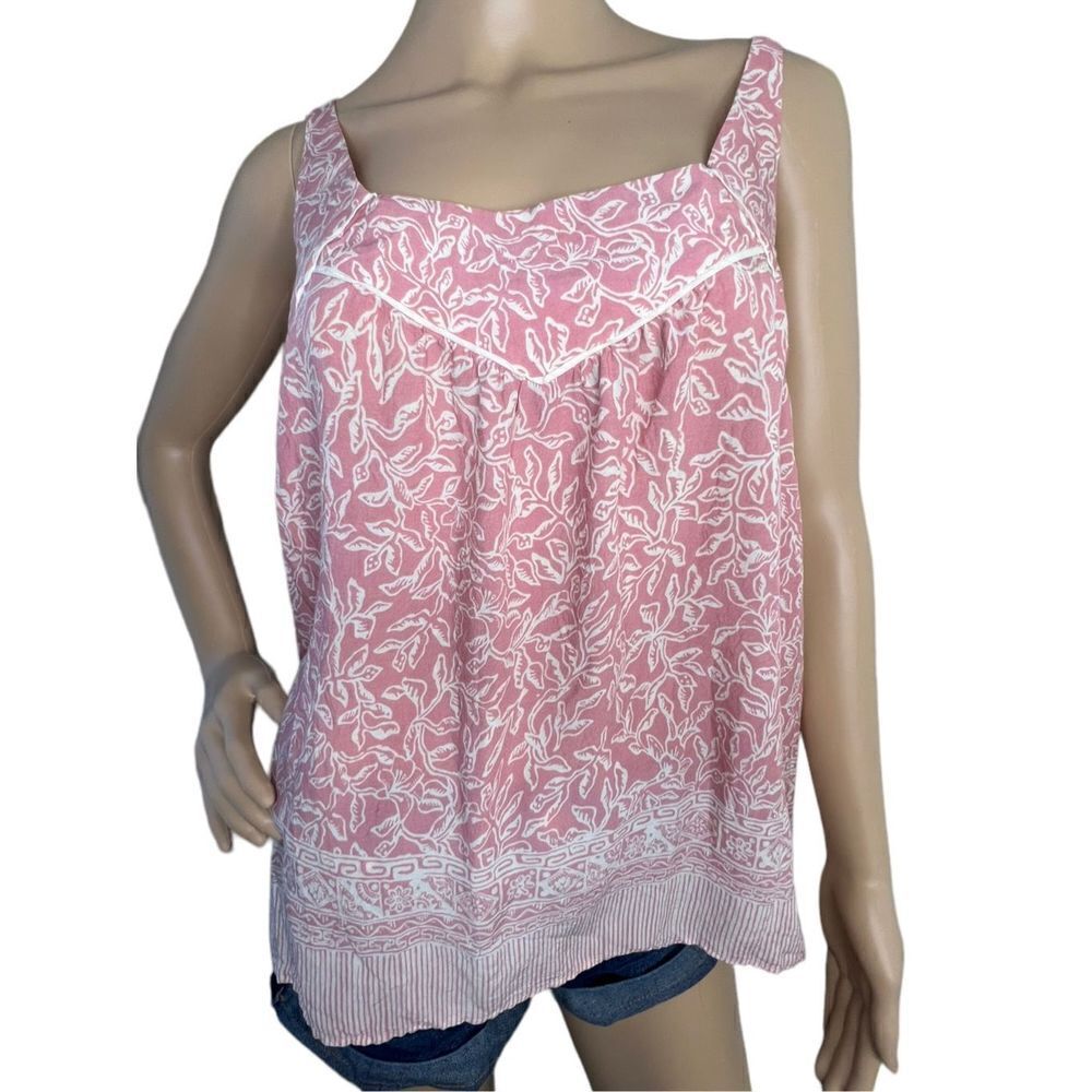 Anthropologie Maeve Pink and White Leaf Patterned Babydoll Tank Top